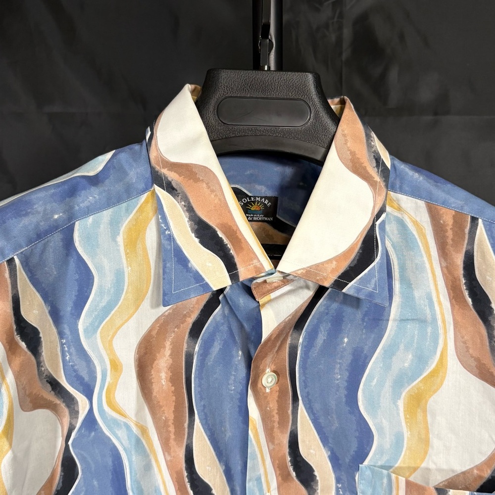 Maus & Hoffman Men's Casual Blue and Tan Wave Shirt Made in Italy Sz L - Picture 5 of 10